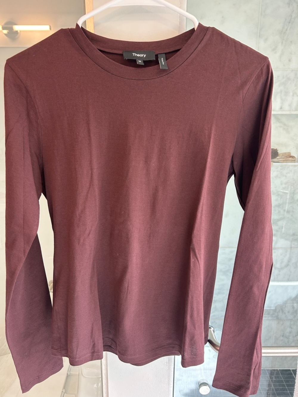 Theory Long Sleeve Crewneck Top in Burgundy Plum